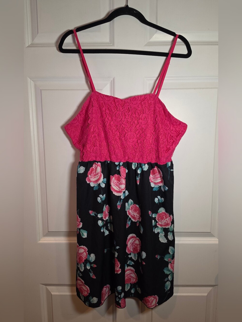 Shein Black And Pink Floral Mini Dress With Lace Top 1XL